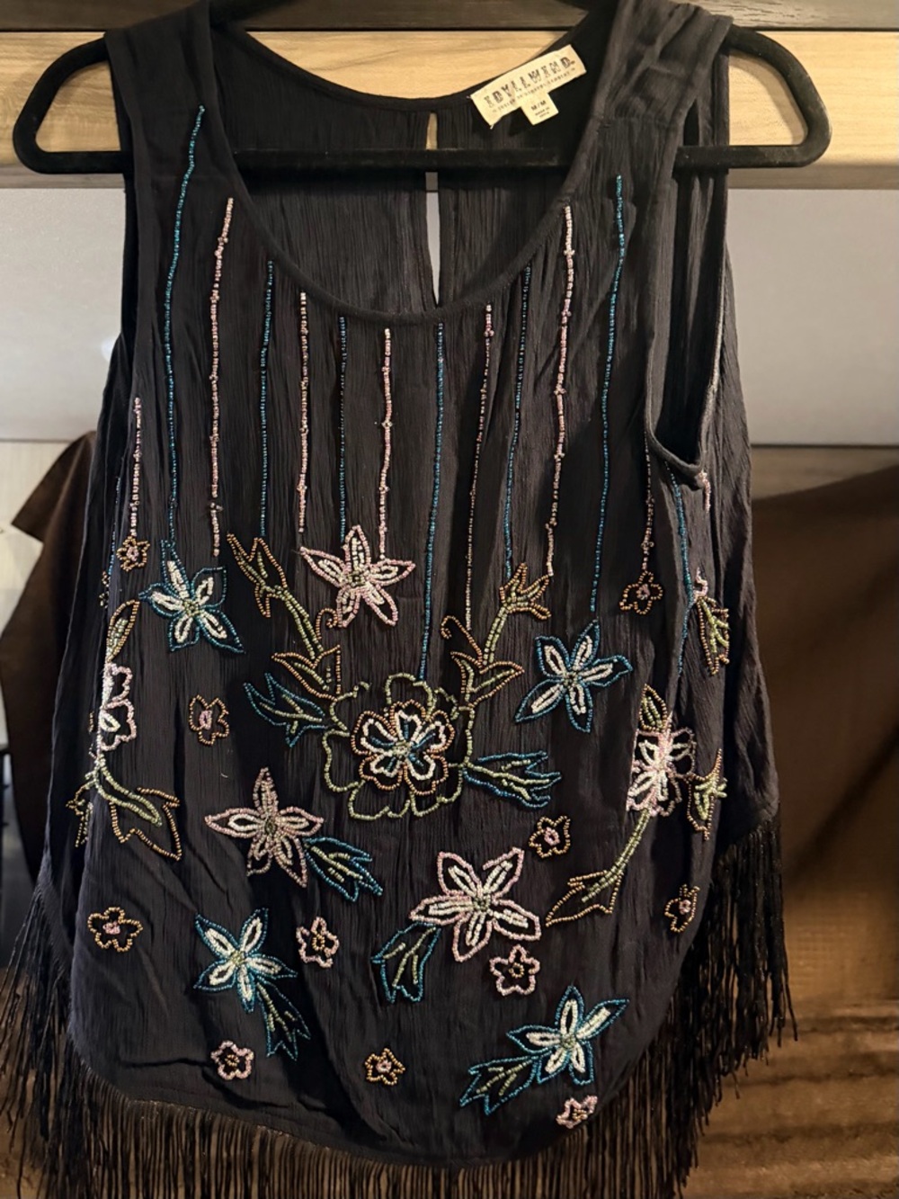 Idyllwind Black Beaded Floral Fringe Camisole